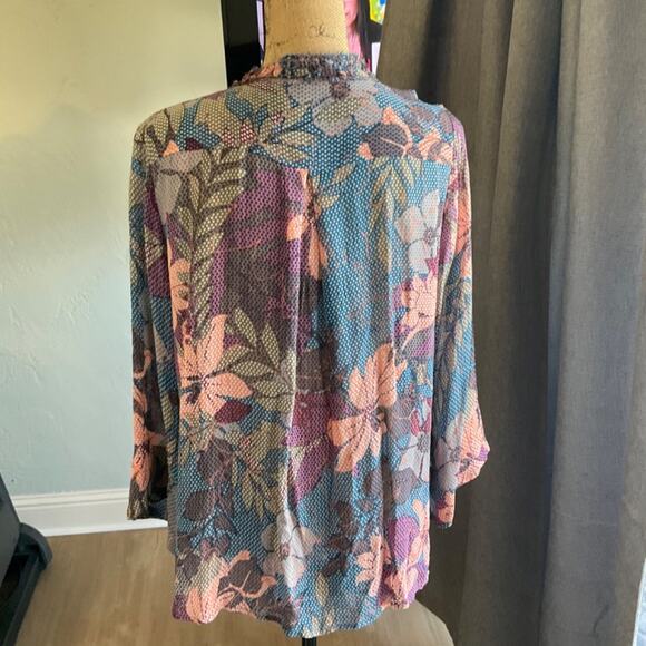 Floral silky Blouse kimono jacket pleat open front button vneck pink blue cardi - Picture 11 of 14